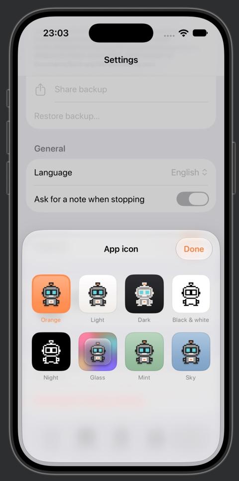 tikk. op de iPhone: de keuze uit acht app-iconen met het robotje in verschillende kleuren