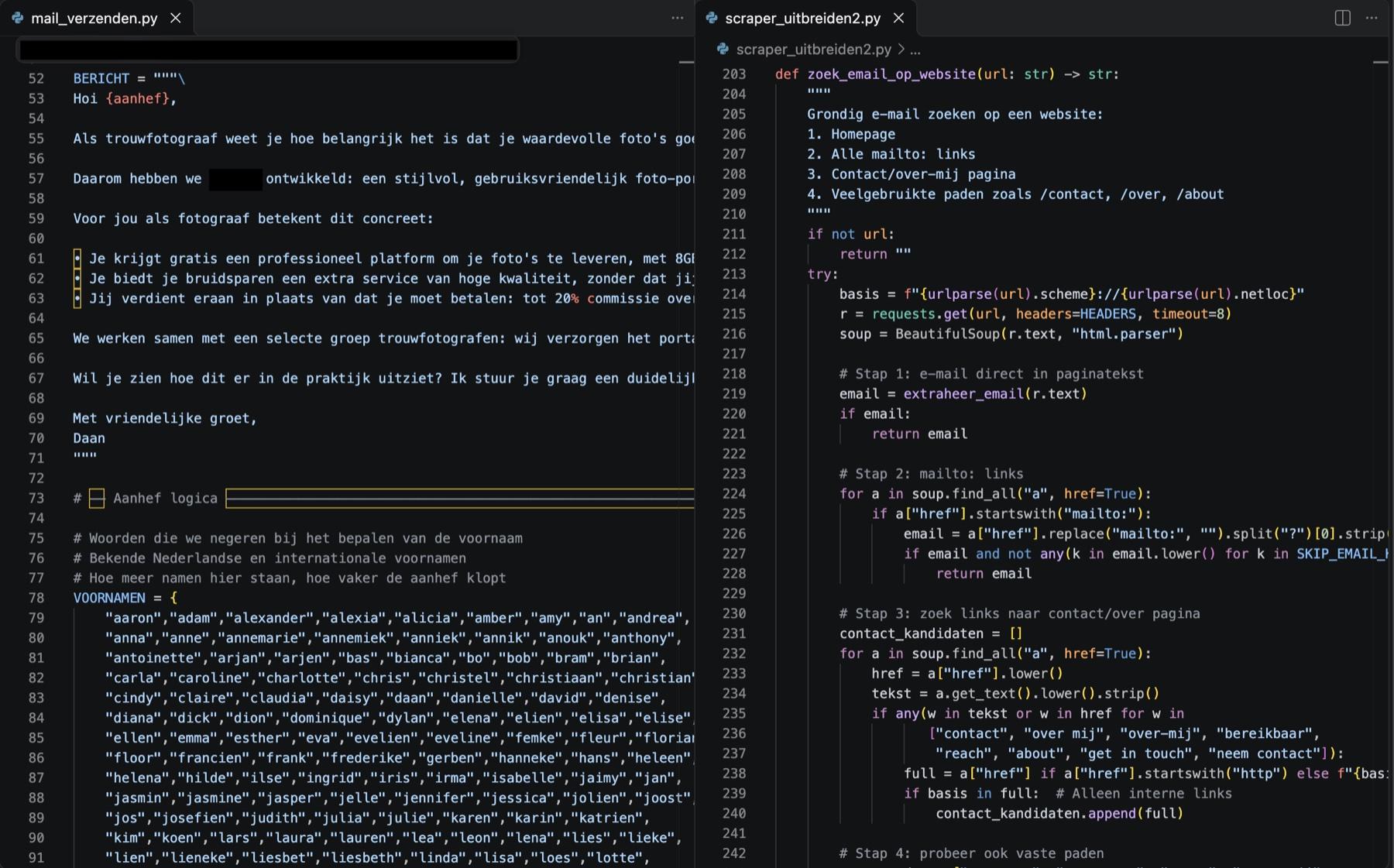 Python-code van het outreach-systeem: het mailtemplate links en de scraper die e-mailadressen op websites zoekt rechts