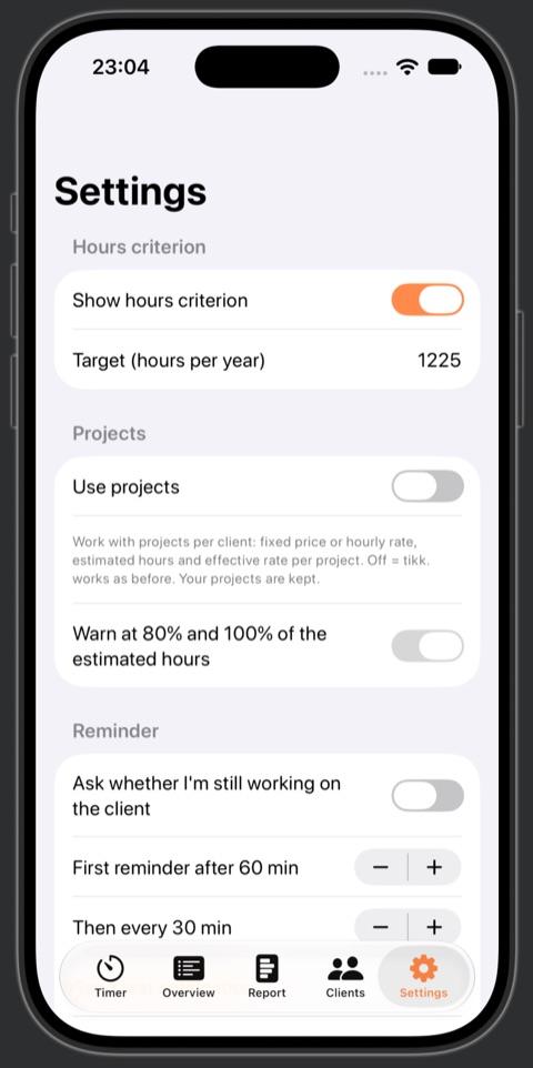 tikk. op de iPhone: het instellingenscherm met urencriterium, projecten en herinneringen